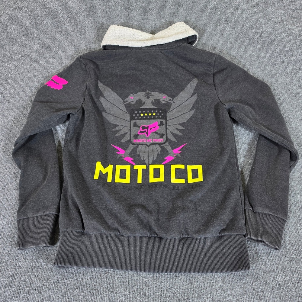 Y2K Fox Racing Women XL Gray Moto Co Graphic Button Jacket Sherpa Collar Biker